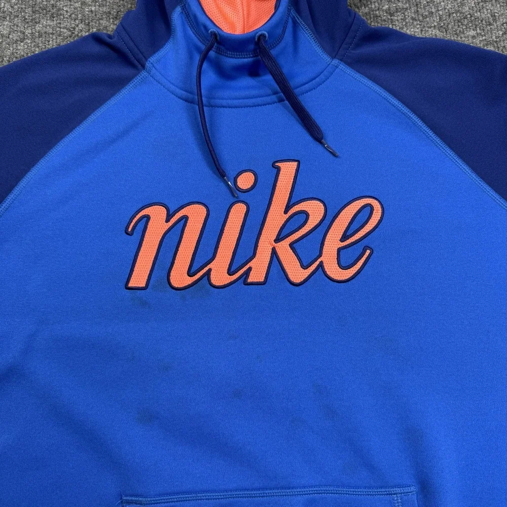 Nike Hoodie Mens XL Blue Orange Therma Fit Pullover Script‎ Logo Raglan